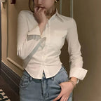 Korean White Office Women Chiffon Shirt Pocket Button Lapel Ladies Blouse Spring Commuter Long Sleeve New Female Crop Tops - Matrix-studios.com