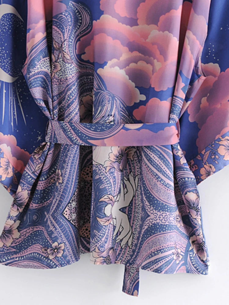 Boho Vintage Star and Moon Floral Print Sashes Women Bohemian V Neck Batwing Sleeves Happie Short Robe Kimono Dress Cover-ups - Matrix Studios