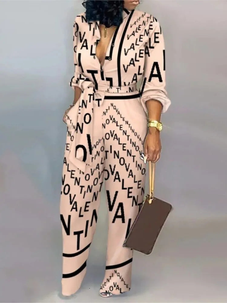 Women Fashion Letter Print Long Sleeve Jumpsuit Spring Button One Piece Overalls Streetwear Autumn Elegant Office Lady Playsuit - Matrix Studios