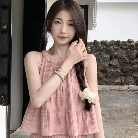 Faionable round Ne Svel Top High Waist Straight Leg Pants Women's Summer New Sle Korean Version Two-Piece Set - Matrix-studios.com