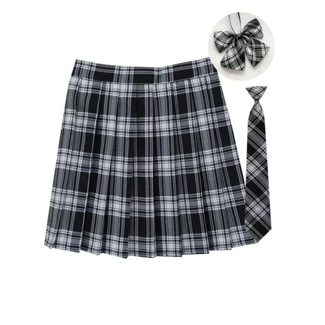 Women Summer Plaid Pleated Skirt With Necktie Bowtie Korean Jk Skirt Uniform Japanese School Preppy A Line Mini Skirts - Matrix-studios.com