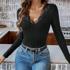 Triangle Onesie Women European and American Fashion With Lace Edge Deep V-neck Long Sleeve Slim Mid-length Base T-shirt - Matrix Studios