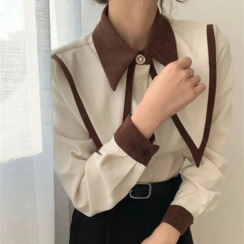 MEXZT Vintage Chiffon Shirts Women Elegant Patchwork Long Sleeve Blouses Office Lady Korean Black Turn Down Collar Casual Tops - Matrix-studios.com