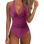 Leopard Print Wrinkled Halter V Neck One Piece Swimsuit Women Swimwear Monokini Backless Bathing Suit Swim Beachwear Bodysuit - Matrix Studios