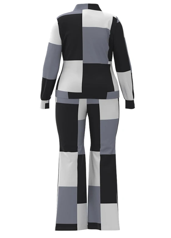 Two Piece Set Women Outfit 2023 Autumn Fashion Geometric Print Stand Collar Long Sleeve Zip Up Top & Casual Sporty Pants Set - Matrix-studios.com