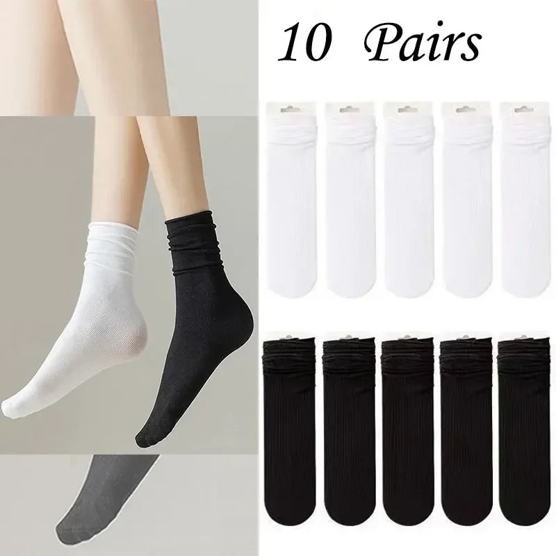 10 Pairs Kawaii Women's Ice Silk Socks - Medium Tube Solid Color Stacked Style, Breathable & Soft Casual Socks - Matrix Studios