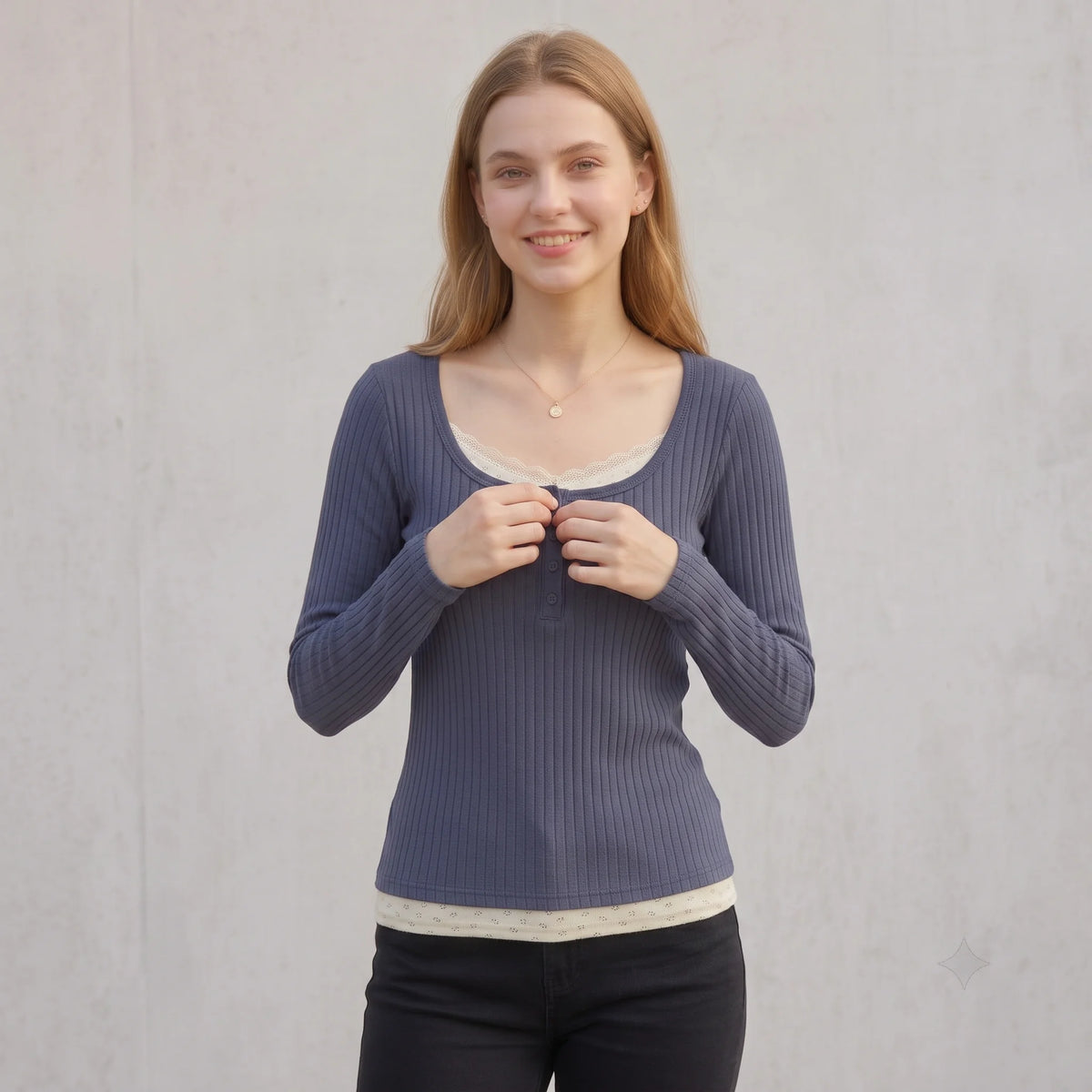 Women Vintage Faux Two-Piece Lace Patchwork T-Shirt Ribbed Knit Long Sleeve Top Square Neck Button Slim Y2K Casual Fall Tee - Matrix-studios.com