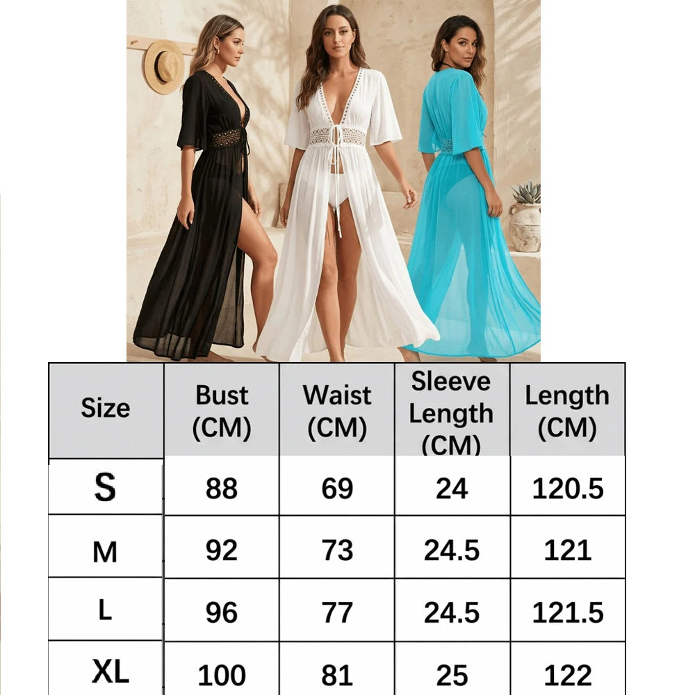 V Neck Summer Beach Cover Up Long Sleeve Ruffled Bikini Sunscreen Smock Vacation Casual Swimsuit Cover Up Dress for Women - Matrix Studios