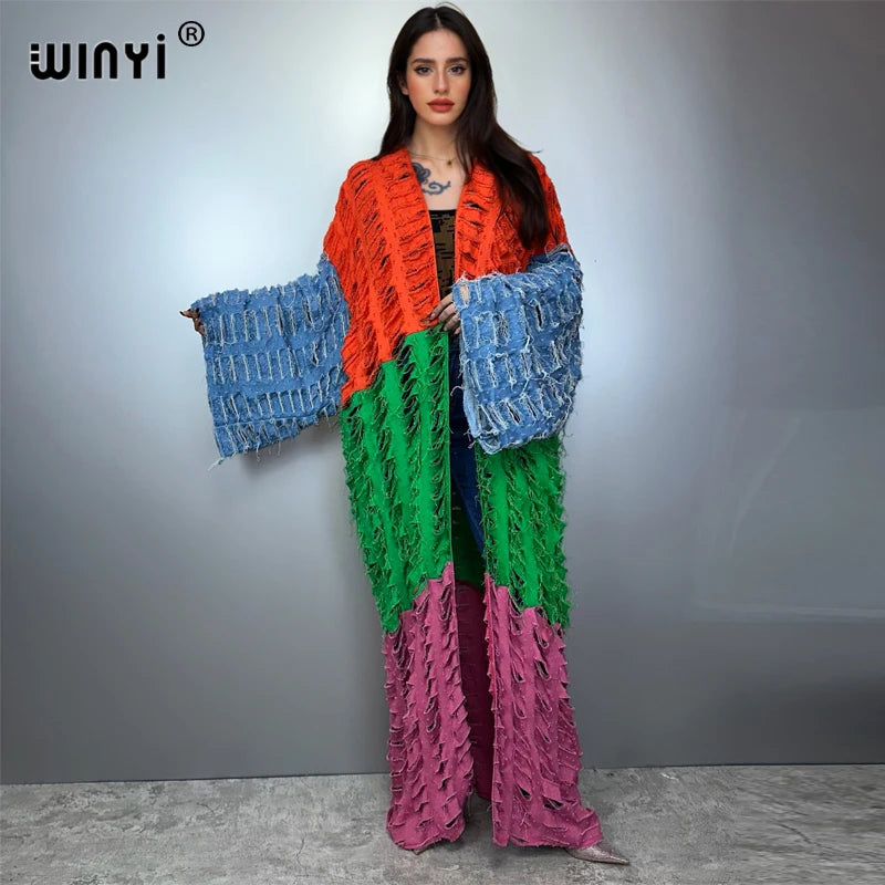 WINYI Kimono Colored Denim Cardigan Maxi Dress Beach Wear Cover-Up Abaya Dubai Luxury Beach Outfits for Women Broke Jeans Coat - Matrix Studios