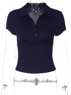 Hugcitar Women'S Fashion Short Sleeve Solid Polo Neck Buttons Sexy Crop T-Shirt Top Summer Female Clothes Streetwear Holiday - Matrix-studios.com