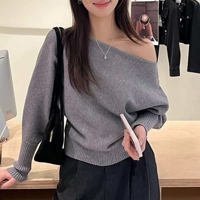 Knitted Sweater Women Pullovers New Long Sleeve Slash Neck Black Knit Sweater Pullover Women Tops Sweaters Women Clothing Q1476 - Matrix-studios.com