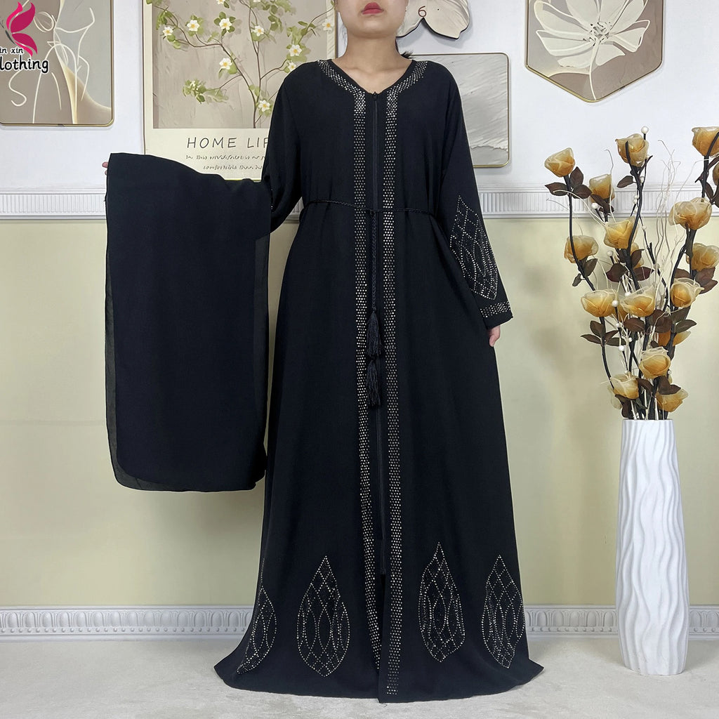 New Muslim Abayas For Women Long Sleeved Dress Dubai Lady Elegant Long Dress Islam Clothing African Abaya Loose Robe With Turban - Matrix-studios.com
