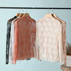 New Women Floral Lace Shirt Spring Autumn Long Sleeve Sexy Mesh Bottoming Shirts Mock Neck Blouse T-Shirt Pullover Top - Matrix-studios.com