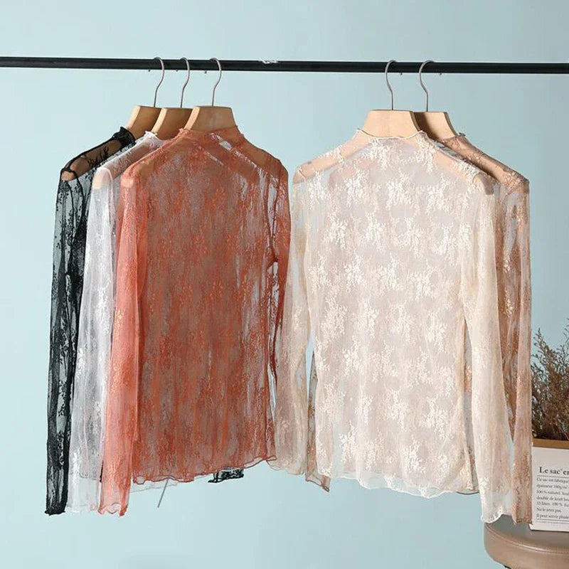 New Women Floral Lace Shirt Spring Autumn Long Sleeve Sexy Mesh Bottoming Shirts Mock Neck Blouse T-Shirt Pullover Top - Matrix-studios.com