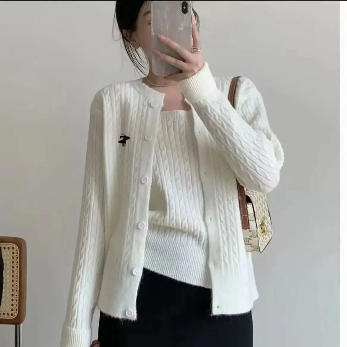 Knitted Cardigan Two-piece Set Spring and Autumn Thickened Sweater Suspender Top Sweater Vest Student Coat White Cardigan Pink - Matrix Studios