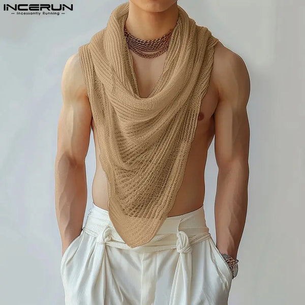 INCERUN Men Irregular Tank Tops Solid Color Turtleneck Sleeveless Transparent Vests Summer Streetwear 2024 Fashion Men Clothing - Matrix Studios