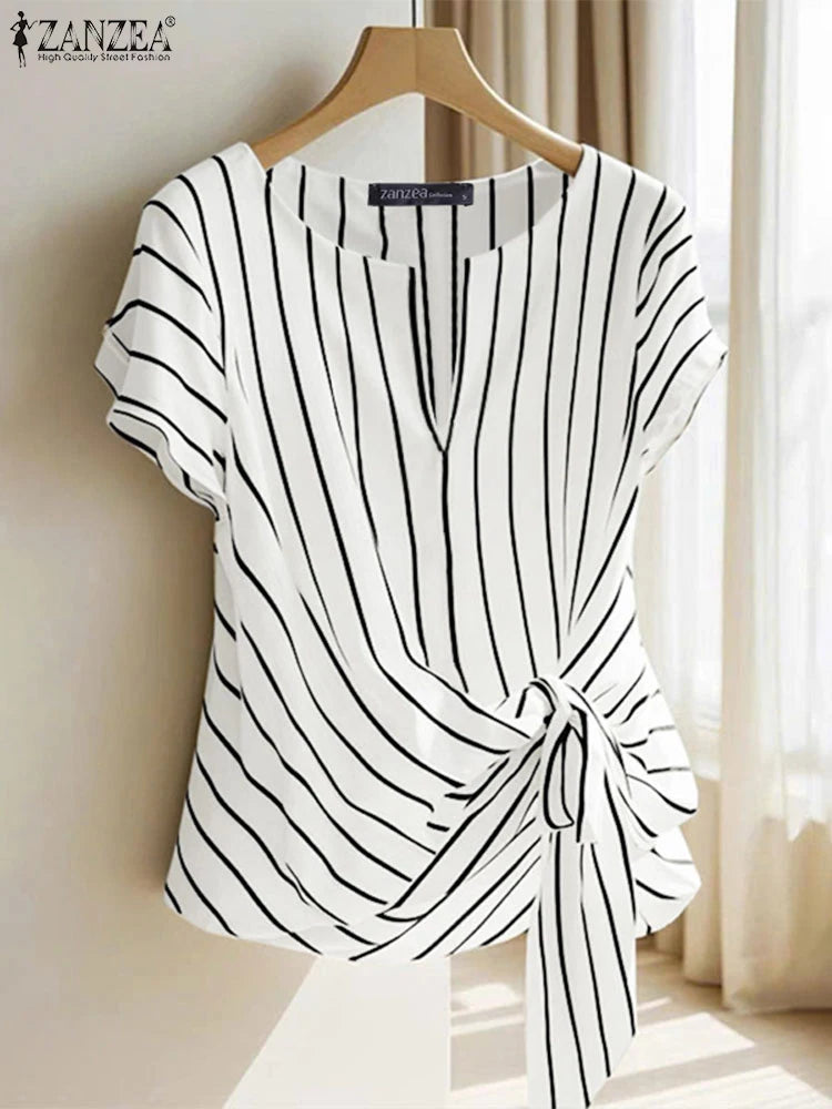 Fashion Stripe Blouse 2025 ZANZEA Summer Women V Neck Short Sleeve Tops Elegant Work OL Shirt Casual Loose Blusas Female Chemise - Matrix-studios.com