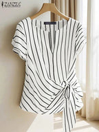 Fashion Stripe Blouse 2025 ZANZEA Summer Women V Neck Short Sleeve Tops Elegant Work OL Shirt Casual Loose Blusas Female Chemise - Matrix-studios.com