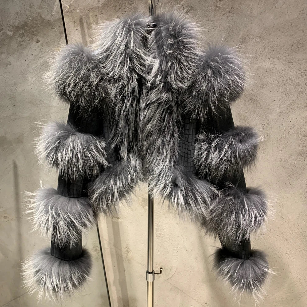 Fur Bomber Ladies New Fashion Jacket Crocdile Sheep Leather With Natural Fur 3573 - Matrix Studios