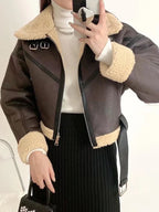 Ailegogo Winter Women Streetwear Faux Lamb Leather Fur Short Jacket with Belt Moto Biker Thick Warm Sheepskin Coat Outwear - Matrix Studios