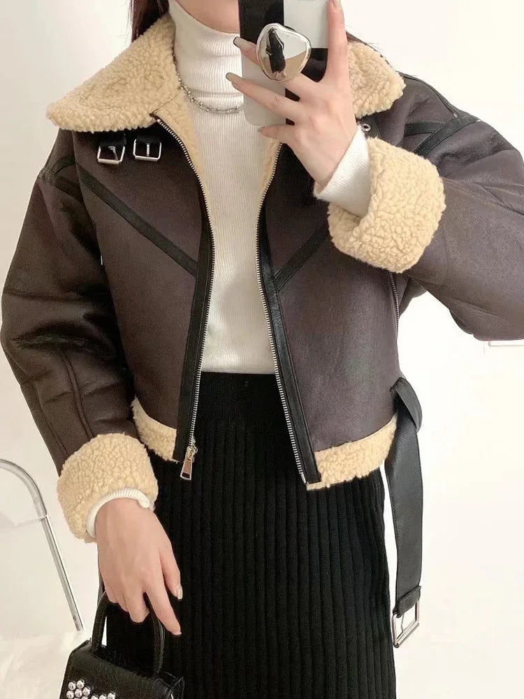 Ailegogo Winter Women Streetwear Faux Lamb Leather Fur Short Jacket with Belt Moto Biker Thick Warm Sheepskin Coat Outwear - Matrix Studios