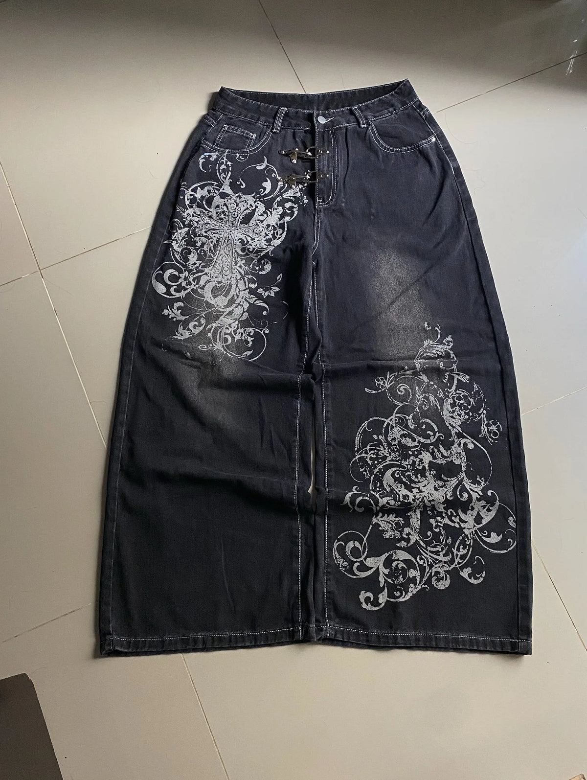 Y2K vintage black thorn Printing baggy jeans harajuku trend brand men women street hip hop fashion casual couple Wide-leg pants - Matrix Studios