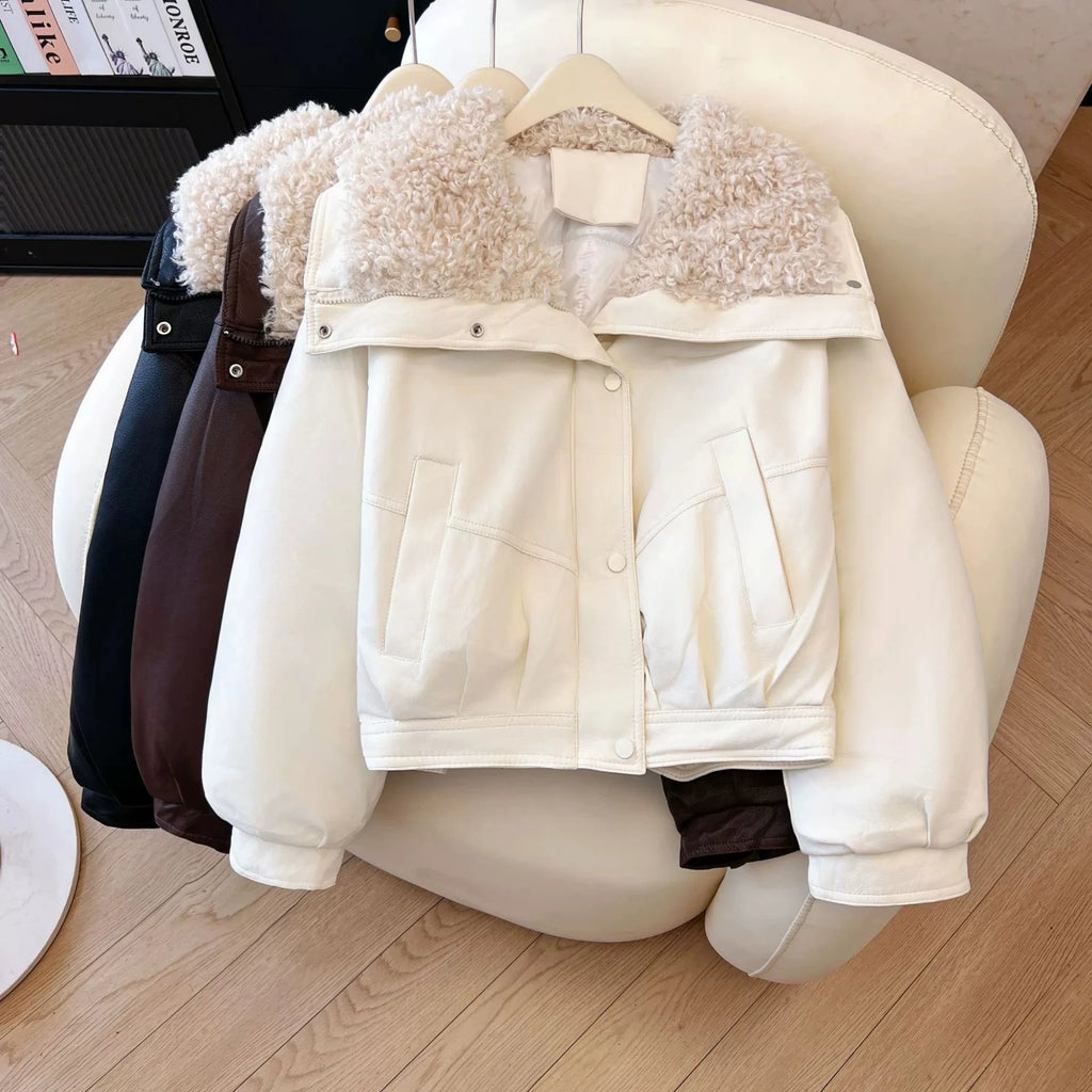 Lambskin Large Fur Collar Fake Lambskin Leather Jacket 2025 New Women Autumn Winter Jacket Coat Korean Loose Down Cotton Jacket - Matrix Studios