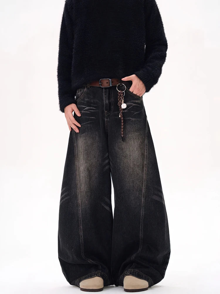 Vintage Black Washed Baggy Jeans Pants Men Wide Leg Curved Blade Pants Streetwear Cowboy Casual Denim Straight Trousers - Matrix Studios