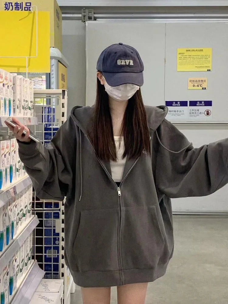 Oversize Women's Sweatshirts Autumn Casual Korean Long Sleeve Hooded Zip-up Y2k Hoodies Streetwear Harajuku Female Clothes Black - Matrix Studios