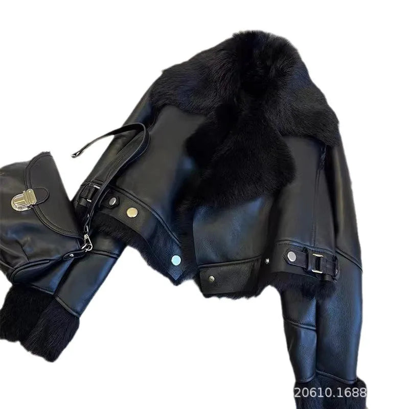 Faux PU Leather Coats Women Fur Collar Coat Thick Warm Short Jackets Spring Streetwear Button Open Stitch Jacket Autumn Winter - Matrix Studios