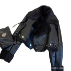 Faux PU Leather Coats Women Fur Collar Coat Thick Warm Short Jackets Spring Streetwear Button Open Stitch Jacket Autumn Winter - Matrix Studios