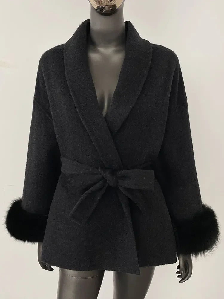 OFTBUY Oversize Loose Autumn Winter Women Coat Real Natural Fox Fur V-neck Woolen Blends Jacket Thick Warm Casual New Overwears - Matrix Studios