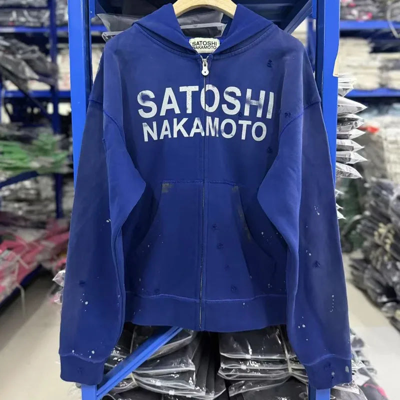 26ss Winter Green Oversize Street Outfit SATOSHI Jacket Washed Retro Distressed Splashed Ink Zipper Hoodie Men Women Loose Hoody - Matrix-studios.com