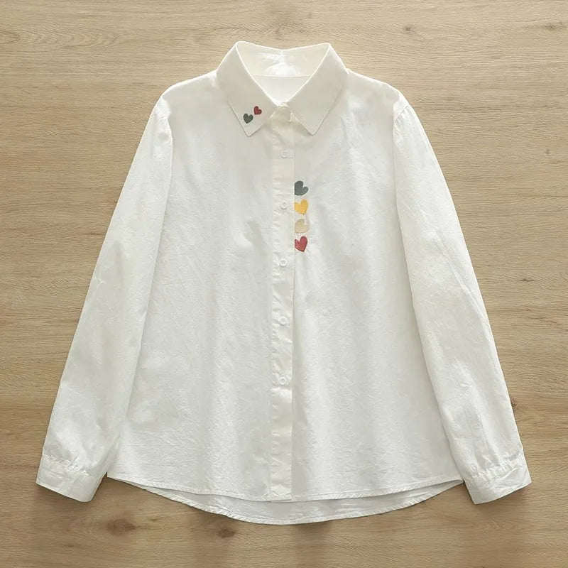 Women Spring Autumn Style Blouses Pure Cotton Shirts Lady Casual Long Sleeve Turn-down Collar Cartoon Embroidery Blusas Tops - Matrix-studios.com