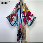 WINYI Catwalk Kimono Women Printed bubble hem coat Long Sleeve Cardigan abaya dubai luxury beachwear Cover Up boho dress Caftan - Matrix-studios.com