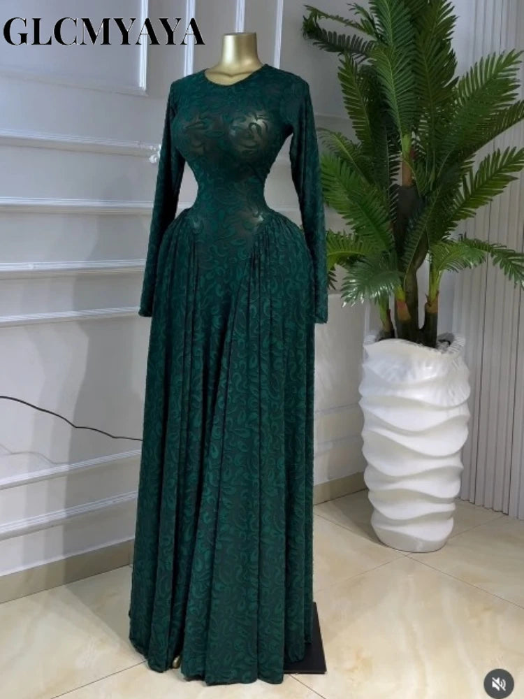 CM.YAYA Women O-neck Long Sleeve Pleated Inner A-line Maxi Dress 2026 Evening Sexy Party Birthday Vacation Long Dresses Vestidos - Matrix-studios.com