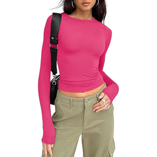 1pcs Four Seasons Fashion Senior Women T-shirt Long Sleeve Crew Neck Solid Slim Fit Tee Ladies Crop Top  Daily Streetwear Camis - Matrix-studios.com