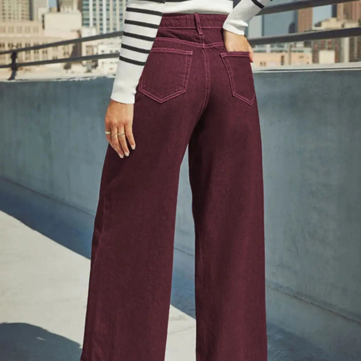 Burgundy women's high waist wide leg jeans stretch denim button placket washed jeans casual outing versatile style - Matrix-studios.com