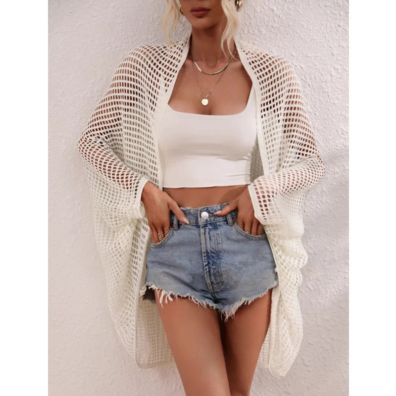 Openwork Open Front Longline Cover Up Crochet Knit Cardigan Sweater for Women Summer Vacation Beach Outfit - Matrix Studios