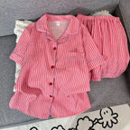Women's sleepwear, summer short sleeved shorts, breathable and comfortable set, lapel cardigan, home clothes can be worn outside - Matrix-studios.com