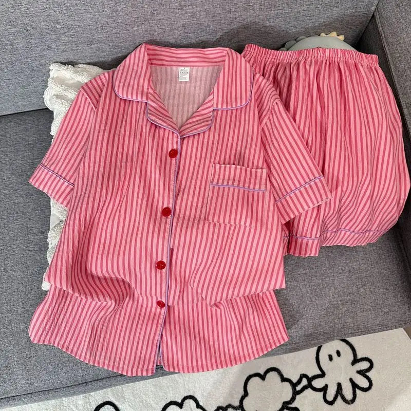 Women's sleepwear, summer short sleeved shorts, breathable and comfortable set, lapel cardigan, home clothes can be worn outside - Matrix-studios.com
