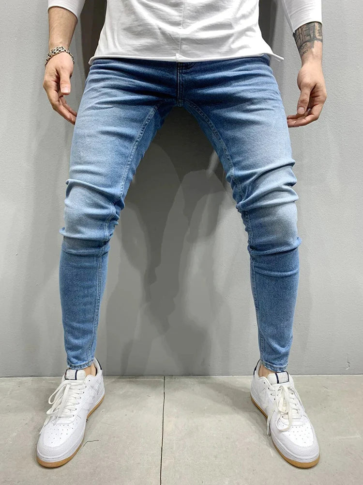Spring Mens Black Blue Pants Pure Color Stretch Jeans Street Casual Slim Fit Trousers Male Vintage Wash Skinny Jeans for Men - Matrix Studios