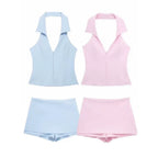 Women Summer 2 Piece Set High Waist Back Pocket Mini Skirts Shorts Sexy V-Neck Sleeveless Backless Suspender Zipper Top - Matrix-studios.com