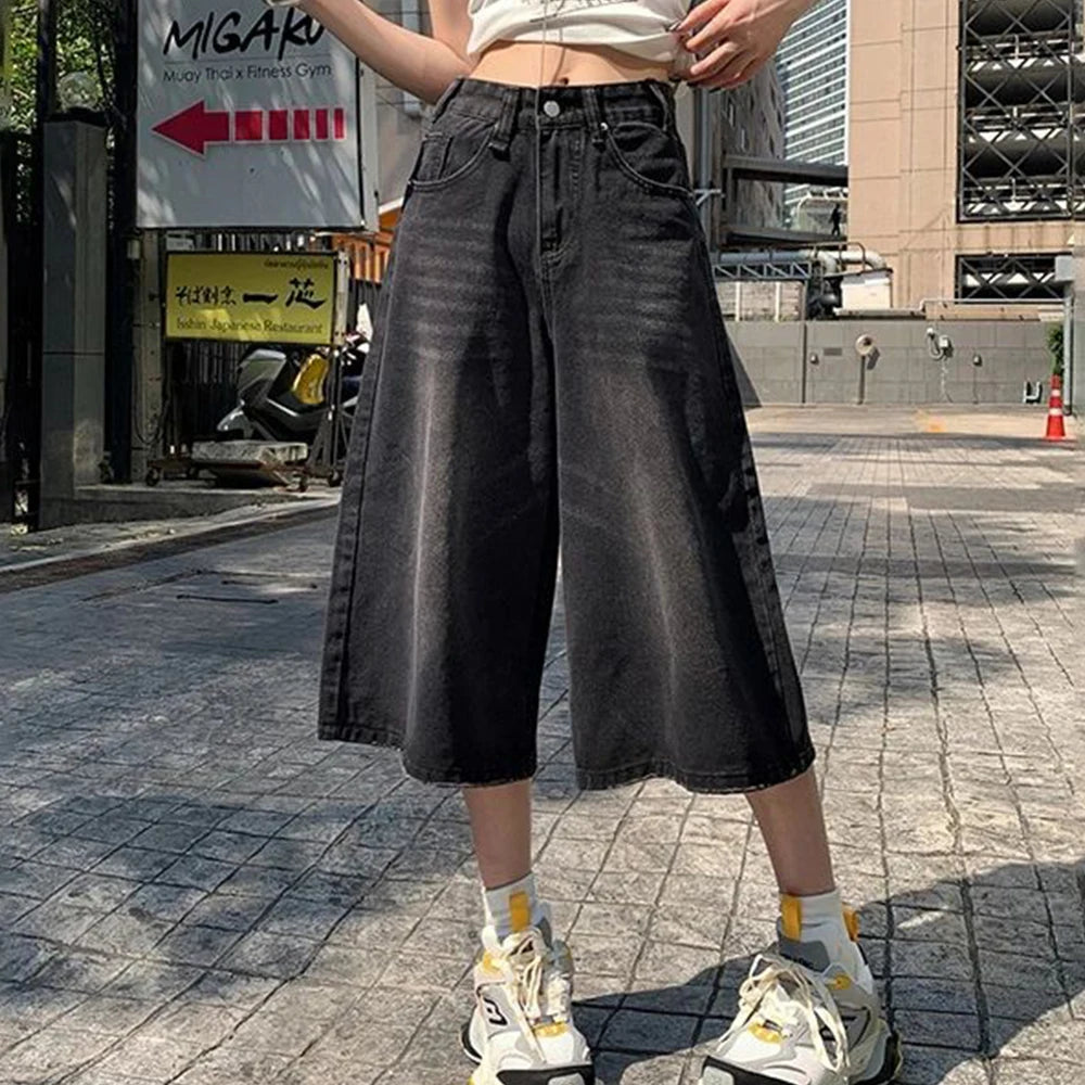 Summer American Style Vintage Women Baggy Jeans Y2k Loose Washed High Waist Knee Length Denim Pants Streetwear Wide Leg Shorts - Matrix-studios.com