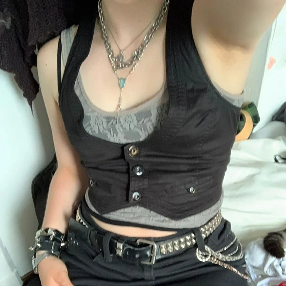 Combhasaki Y2K Vintage Women's Solid Color Irregular Hem Crop Vest Button-down U-shaped Neck Aesthetic Grunge Waistcoat Tops - Matrix Studios