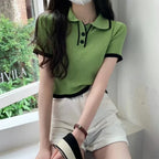 Short Sleeves Polo Collar Knitted T-shirt Women Contrast Color Rib-knit Crop Top Polo Shirt Summer SchoolGirl Preppy Outfit - Matrix-studios.com