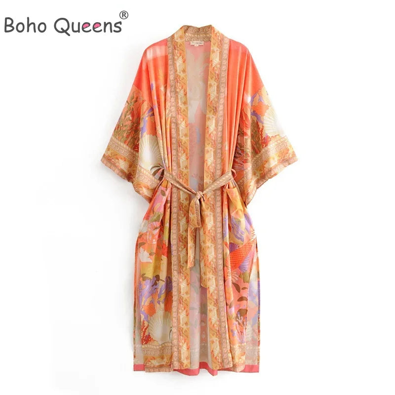 Boho Queens Vintage Chic Fashion Women Floral Print Bat Sleeve Bohemian Kimono Ladies V Neck Summer Beach Robe Bikini Cover-ups - Matrix Studios