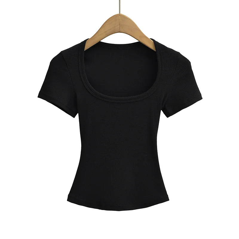 Summer square neck high elasticity crop top women's short sleeved sexy top slim fit pullover base shirt - Matrix-studios.com