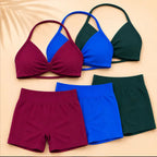 3 Pieces Gym Set Woman Seamless Short Sleeve Top Scrunch Gym Shorts Sport Strappy Bra Bodysuit Workout Suits Gym Clothes - Matrix-studios.com