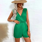 Jump Suit Women Overalls Playsuits Vacation One Pieces Outfits Romper Summer Casual Cross V-neck Sleeveless Solid Short Female - Matrix Studios